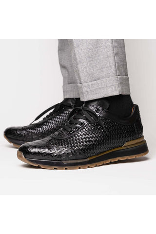 Marco Di Milano Roma Black Woven Calfskin / Genuine Caiman Crocodile Fashion Sneaker (MDM1106)-AmbrogioShoes