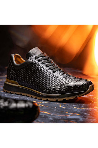 Marco Di Milano Roma Black Woven Calfskin / Genuine Caiman Crocodile Fashion Sneaker (MDM1106)-AmbrogioShoes
