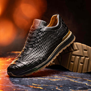 Marco Di Milano Roma Men's Shoes Black Woven Calfskin / Genuine Caiman Crocodile Fashion Sneaker (MDM1106)-AmbrogioShoes