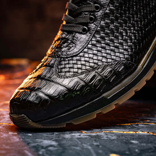 Marco Di Milano Roma Men's Shoes Black Woven Calfskin / Genuine Caiman Crocodile Fashion Sneaker (MDM1106)-AmbrogioShoes