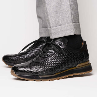 Marco Di Milano Roma Men's Shoes Black Woven Calfskin / Genuine Caiman Crocodile Fashion Sneaker (MDM1106)-AmbrogioShoes
