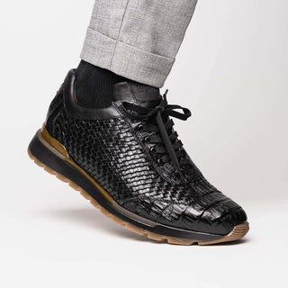 Marco Di Milano Roma Men's Shoes Black Woven Calfskin / Genuine Caiman Crocodile Fashion Sneaker (MDM1106)-AmbrogioShoes
