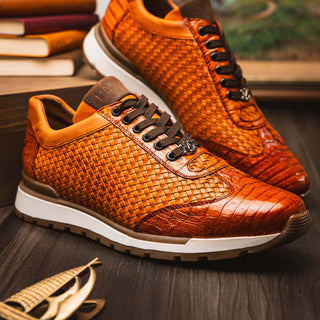 Marco Di Milano Roma Men's Shoes Brandy Woven Calfskin / Genuine Caiman Crocodile Fashion Sneaker (MDM1106)-AmbrogioShoes