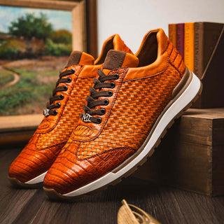 Marco Di Milano Roma Men's Shoes Brandy Woven Calfskin / Genuine Caiman Crocodile Fashion Sneaker (MDM1106)-AmbrogioShoes