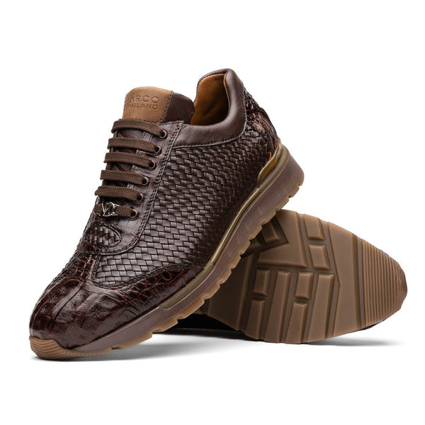 Marco Di Milano Roma Men's Shoes Brown Woven Calfskin / Genuine Caiman Crocodile Fashion Sneaker (MDM1106)-AmbrogioShoes