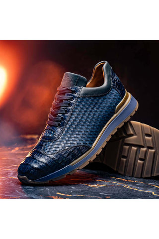 Marco Di Milano Roma Navy Woven Calfskin / Genuine Caiman Crocodile Fashion Sneaker (MDM1106)-AmbrogioShoes