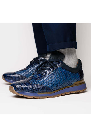 Marco Di Milano Roma Navy Woven Calfskin / Genuine Caiman Crocodile Fashion Sneaker (MDM1106)-AmbrogioShoes