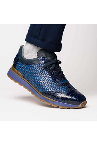 Marco Di Milano Roma Navy Woven Calfskin / Genuine Caiman Crocodile Fashion Sneaker (MDM1106)-AmbrogioShoes