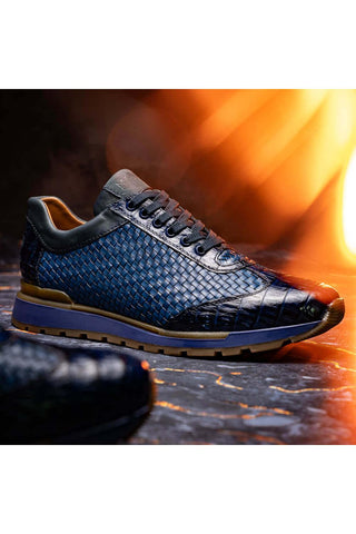 Marco Di Milano Roma Navy Woven Calfskin / Genuine Caiman Crocodile Fashion Sneaker (MDM1106)-AmbrogioShoes