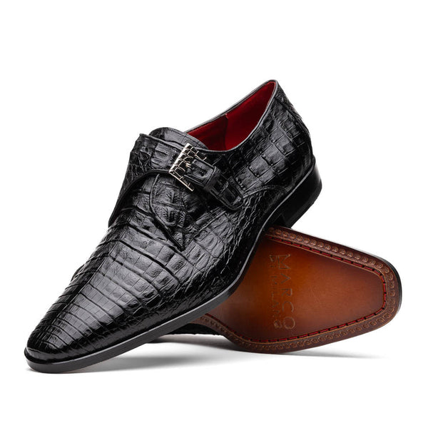 Marco Di Milano Rovigo Men' Shoes Black Genuine Caiman Crocodile Dress Single Monk-Strap Loafers (MDM1094)-AmbrogioShoes