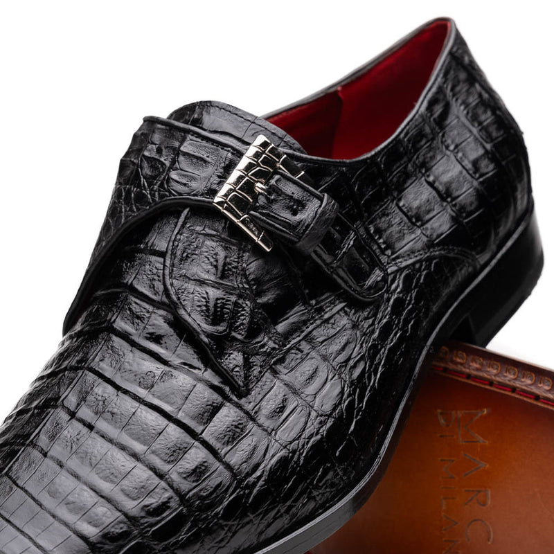 Marco Di Milano Rovigo Men' Shoes Black Genuine Caiman Crocodile Dress Single Monk-Strap Loafers (MDM1094)-AmbrogioShoes