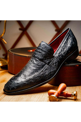 Marco Di Milano Salvatore Black Genuine Ostrich Slip-On Loafers (MDM1210)-AmbrogioShoes