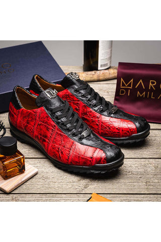 Marco Di Milano Saulo Black Cherry Exotic Ostrich / Alligator Casual Sneakers (MDM1045)-AmbrogioShoes