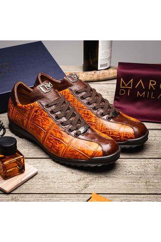 Marco Di Milano Saulo Brandy & Brown Exotic Ostrich / Alligator Casual Sneakers (MDM1045)-AmbrogioShoes