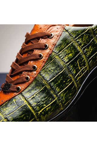 Marco Di Milano Saulo Green & Cognac Exotic Ostrich / Alligator Casual Sneakers (MDM1045)-AmbrogioShoes