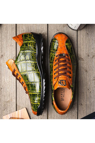 Marco Di Milano Saulo Green & Cognac Exotic Ostrich / Alligator Casual Sneakers (MDM1045)-AmbrogioShoes
