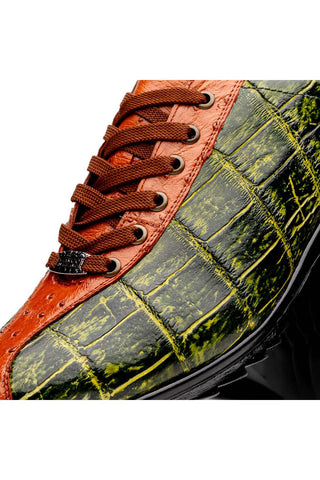Marco Di Milano Saulo Green & Cognac Exotic Ostrich / Alligator Casual Sneakers (MDM1045)-AmbrogioShoes