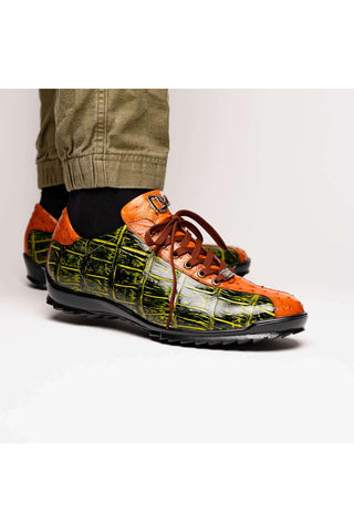 Marco Di Milano Saulo Green & Cognac Exotic Ostrich / Alligator Casual Sneakers (MDM1045)-AmbrogioShoes