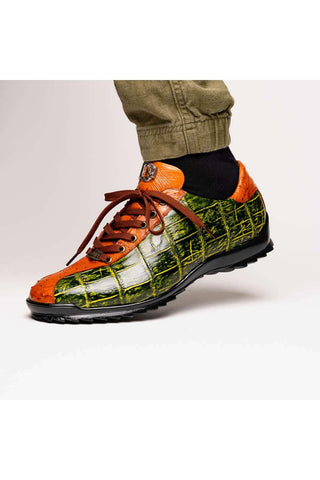 Marco Di Milano Saulo Green & Cognac Exotic Ostrich / Alligator Casual Sneakers (MDM1045)-AmbrogioShoes