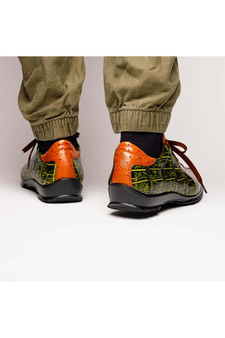 Marco Di Milano Saulo Green & Cognac Exotic Ostrich / Alligator Casual Sneakers (MDM1045)-AmbrogioShoes