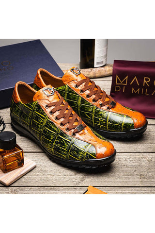 Marco Di Milano Saulo Green & Cognac Exotic Ostrich / Alligator Casual Sneakers (MDM1045)-AmbrogioShoes