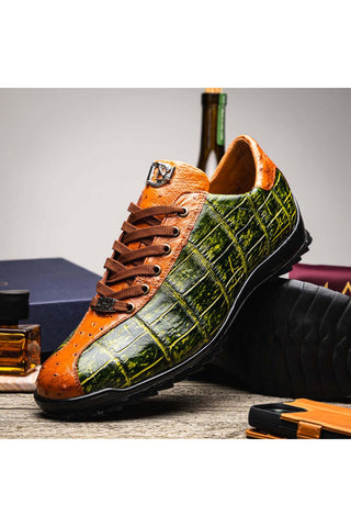 Marco Di Milano Saulo Green & Cognac Exotic Ostrich / Alligator Casual Sneakers (MDM1045)-AmbrogioShoes