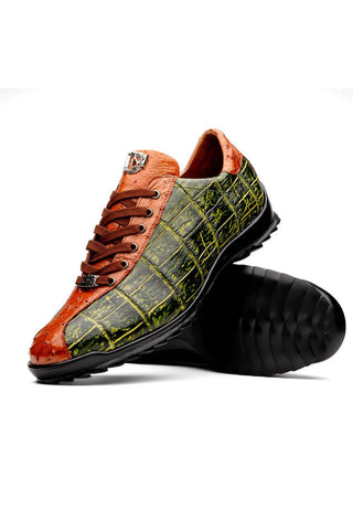 Marco Di Milano Saulo Green & Cognac Exotic Ostrich / Alligator Casual Sneakers (MDM1045)-AmbrogioShoes
