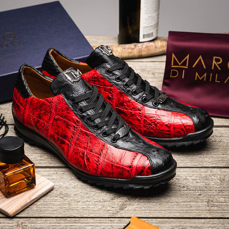 Marco Di Milano Saulo Men's Shoes Black & Red Exotic Ostich / Alligator Casual Sneakers (MDM1042)-AmbrogioShoes