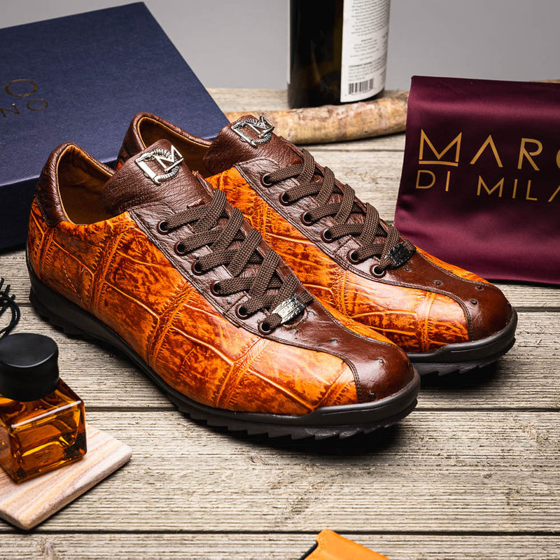Marco Di Milano Saulo Men's Shoes Brandy & Brown Exotic Ostich / Alligator Casual Sneakers (MDM1044)-AmbrogioShoes