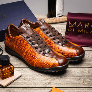 Marco Di Milano Saulo Men's Shoes Brandy & Brown Exotic Ostrich / Alligator Casual Sneakers (MDM1045)-AmbrogioShoes
