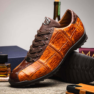 Marco Di Milano Saulo Men's Shoes Brandy & Brown Exotic Ostrich / Alligator Casual Sneakers (MDM1045)-AmbrogioShoes