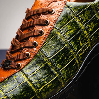 Marco Di Milano Saulo Men's Shoes Green & Cognac Exotic Ostrich / Alligator Casual Sneakers (MDM1045)-AmbrogioShoes