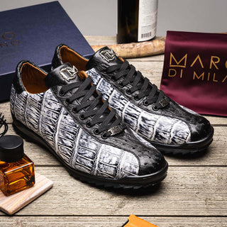 Marco Di Milano Saulo Men's Shoes Newspaper & Black Exotic Ostrich / Alligator Casual Sneakers (MDM1045)-AmbrogioShoes