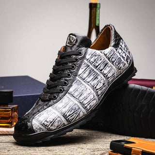 Marco Di Milano Saulo Men's Shoes Newspaper & Black Exotic Ostrich / Alligator Casual Sneakers (MDM1045)-AmbrogioShoes