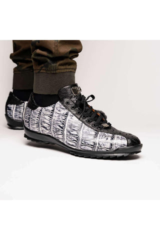 Marco Di Milano Saulo Newspaper & Black Exotic Ostrich / Alligator Casual Sneakers (MDM1045)-AmbrogioShoes