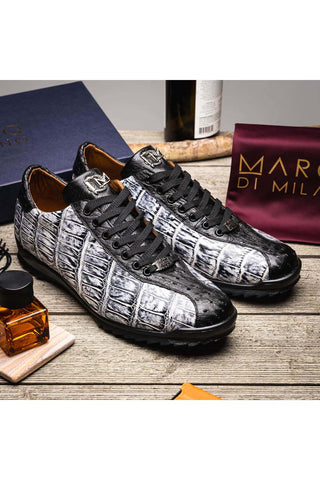 Marco Di Milano Saulo Newspaper & Black Exotic Ostrich / Alligator Casual Sneakers (MDM1045)-AmbrogioShoes