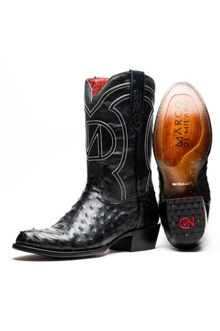 Marco Di Milano Savannah Black Exotic Ostrich Skin Cowboy Boot (MDM1227)-AmbrogioShoes