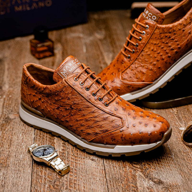 Marco Di Milano Scanno Men's Shoes Antique Cognac Exotic Ostich Casual Sneakers (MDM1049)-AmbrogioShoes