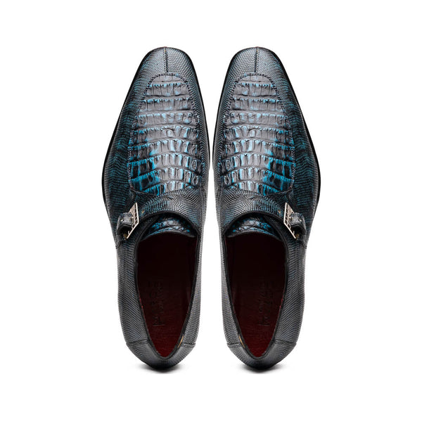 Marco Di Milano Toluca Blue / Black Jean Monk Strap Lizard & Crocodile Shoes (MDM1131)-AmbrogioShoes