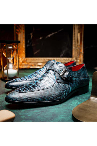 Marco Di Milano Toluca Blue Exotic Lizard / Crocodile Single Monk-Strap (MDM1127)-AmbrogioShoes