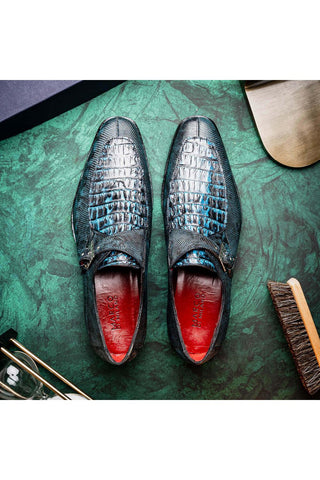 Marco Di Milano Toluca Blue Exotic Lizard / Crocodile Single Monk-Strap (MDM1127)-AmbrogioShoes