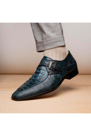 Marco Di Milano Toluca Blue Exotic Lizard / Crocodile Single Monk-Strap (MDM1127)-AmbrogioShoes