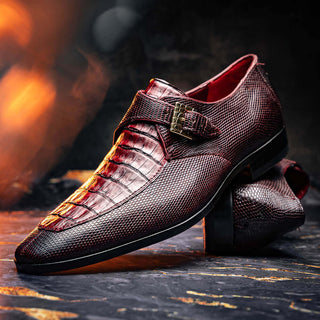 Marco Di Milano Toluca Men's Shoes Wine Exotic Lizard / Crocodile Single Monk-Strap (MDM1127)-AmbrogioShoes