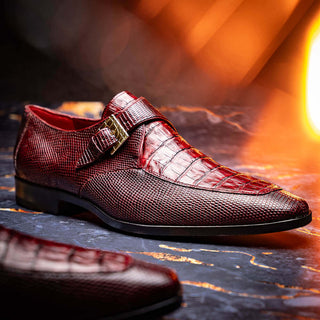 Marco Di Milano Toluca Men's Shoes Wine Exotic Lizard / Crocodile Single Monk-Strap (MDM1127)-AmbrogioShoes