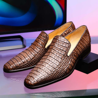 Marco Di Milano Trento Men's Shoes Brown Genuine Caiman Crocodile Slip-On Loafers (MDM1115)-AmbrogioShoes