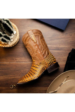Marco Di Milano Tucson Mustard Brown Exotic Crocodile Skin Cowboy Boot (MDM1250)-AmbrogioShoes