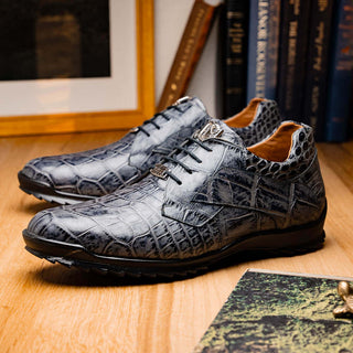Marco Di Milano Vulcan Men's Shoes Gray Exotic Alligator Derby Sneakers (MDM1195)-AmbrogioShoes
