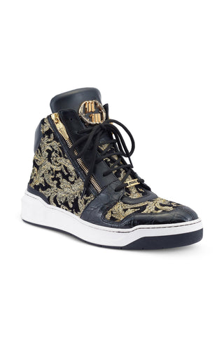Mauri 24 K 8494 Black & Gold Exotic Alligator / Damask Fabric / Calf-Skin Leather Casual High-Top Sneakers (MA5497)-AmbrogioShoes