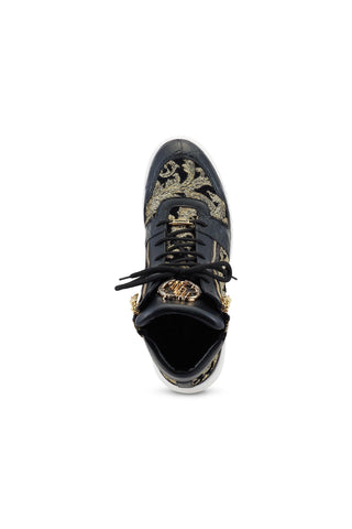 Mauri 24 K 8494 Black & Gold Exotic Alligator / Damask Fabric / Calf-Skin Leather Casual High-Top Sneakers (MA5497)-AmbrogioShoes