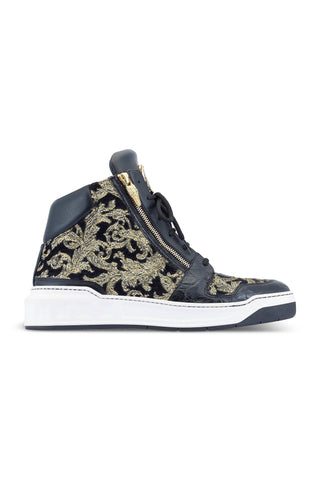 Mauri 24 K 8494 Black & Gold Exotic Alligator / Damask Fabric / Calf-Skin Leather Casual High-Top Sneakers (MA5497)-AmbrogioShoes